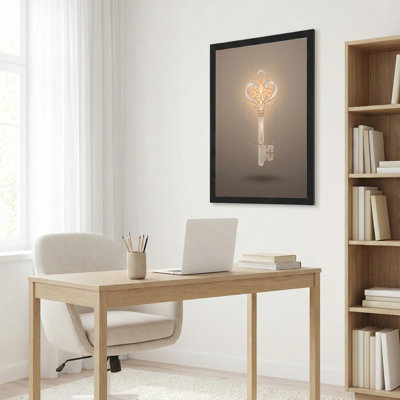 Art mural sur toile noir encadré pour le salon, la chambre à coucher, le bureau ou le vestibule - décoration murale décorative avec clé dorée