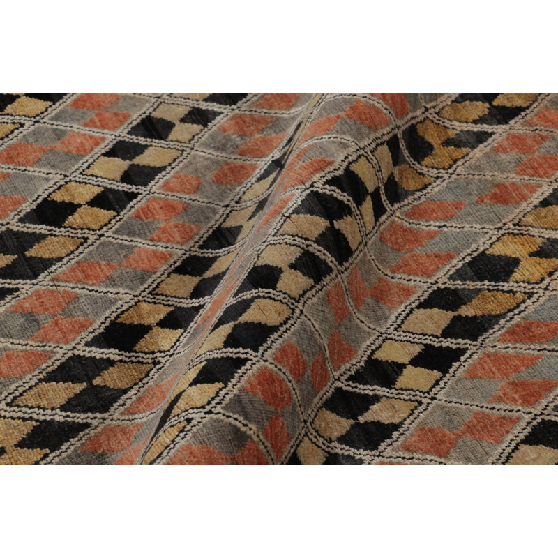 Rug & Kilim’S Modern Rug In Black, Charcoal And Gold Diamond Geometric Pattern