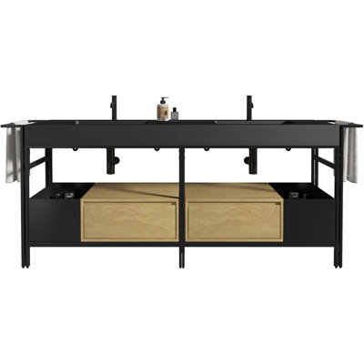 Meuble-lavabo 72 po au design industriel, modulaire de 2, tiroir à fermeture en douceur, rangement ouvert, barre à serviettes réglable, noir mat et chêne, matériau quartz, 69,65 de profondeur, 18,22 de largeur, 32,88 de hauteur, 154 lb