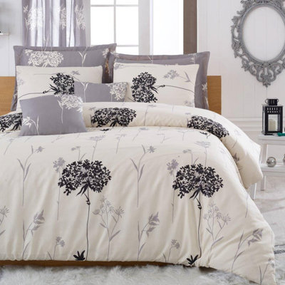 Premium Single Quilt Cover Set, 100% Cotton Blend (65% Cotton / 35% Polyester), Duvet Cover 55.1 x 78.7 inches & Pillowcase 23.6 x 23.6 inches | Machine Washable, Elegant Grey, Beige & Black Colors, Button Closure
