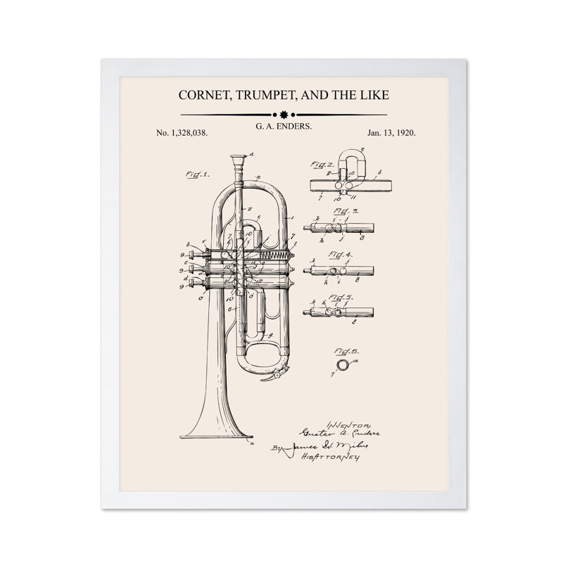 Trompette Blueprint No1, Poster, White Framed, 08"H x 10"W