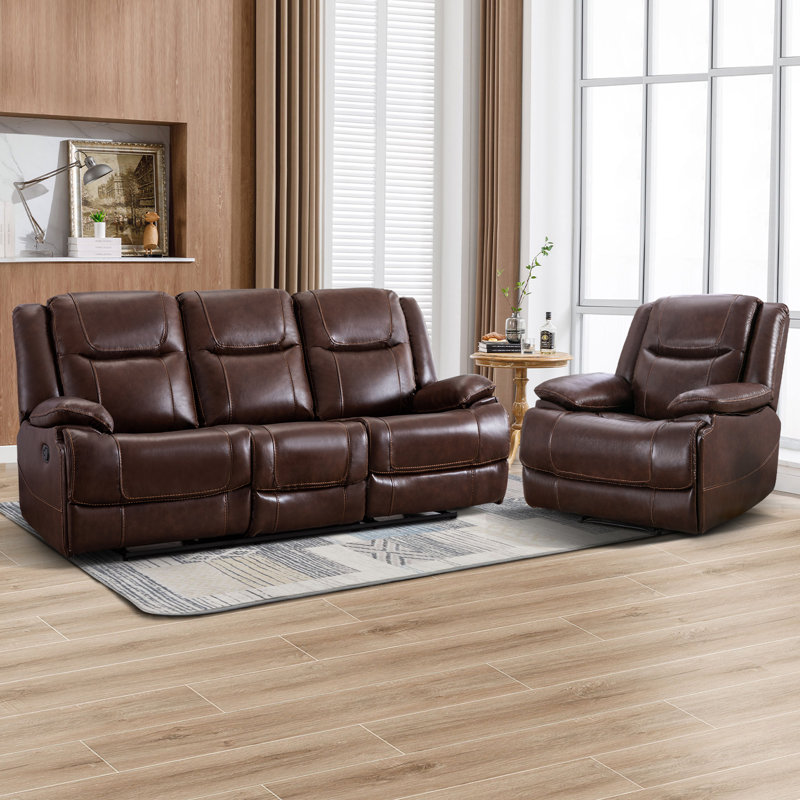 Ensemble de salon inclinable moderne en cuir véritable 2 pièces (une chaise et un canapé 3 places), Brun
