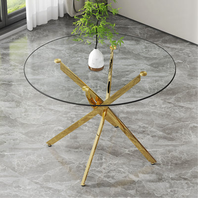 Table ronde en verre trempé transparent de style moderne minimaliste, plateau de table en verre trempé, pieds de table en métal, convient à la cuisine, à la salle à manger et au salon, convient à la plupart des décors.