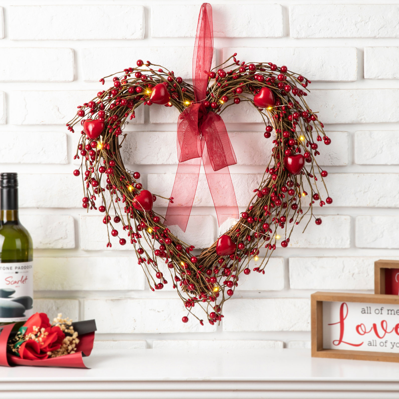 16'' Valentine's Day Handcrafted Faux Berry Lighted Wreath