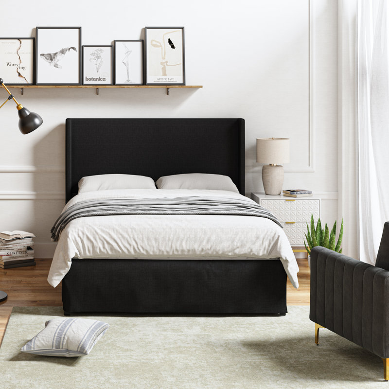 Lit plateforme tapissier Carlyon avec housse lavable et rangement sous le lit, Grand, Uni MINUIT