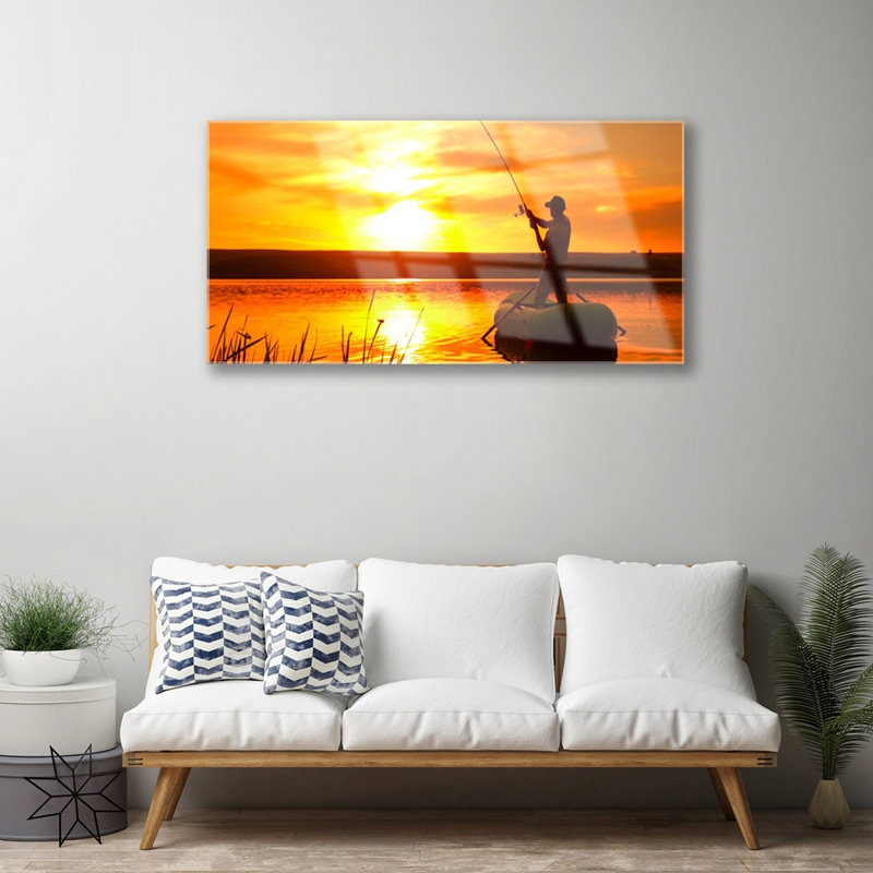 Landscape Sun Sea Fisherman - No Frame Print on Glass