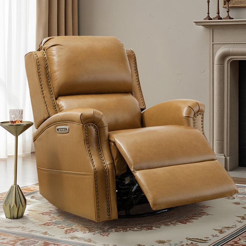 Bouton Traditional Genuine Leather Power Swivel Glider Recliner, Camel