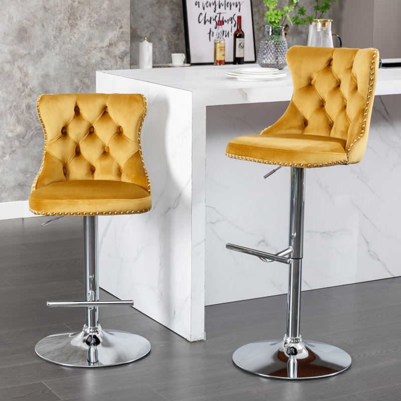 Swivel Velvet Barstools Adjusatble Seat Height From 25-33 Inch, Modern Upholstered Chrome Base Bar Stools With Backs Comfortable Tufted For Home Pub And Kitchen Island（Gold,Set Of 2）