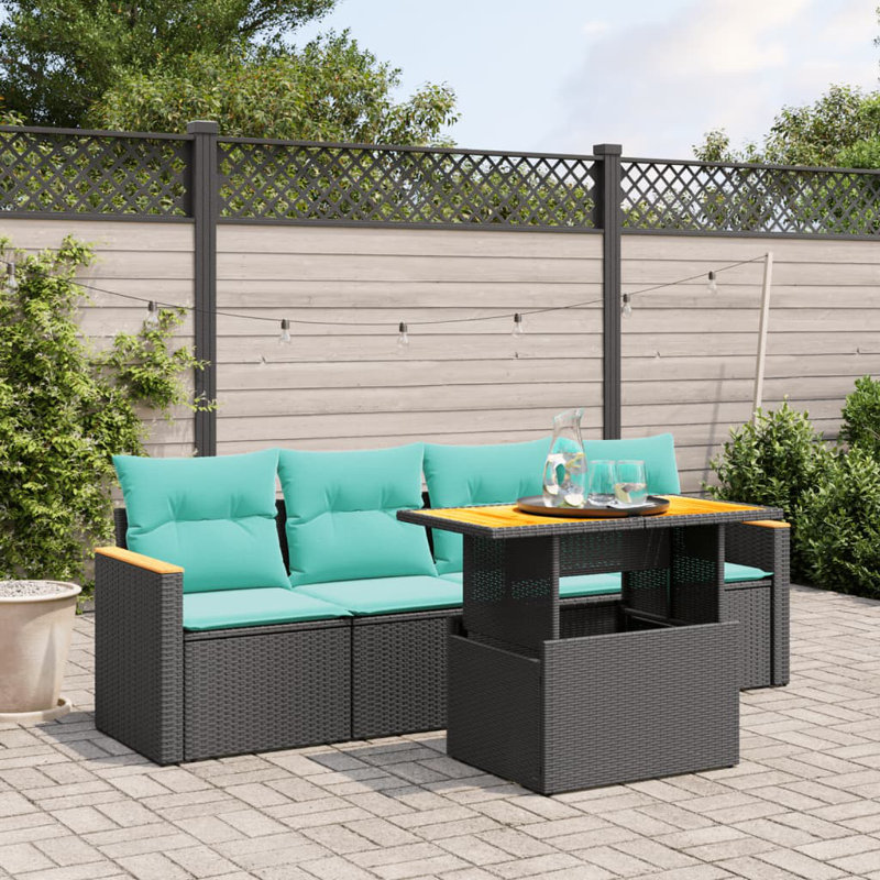  Ensemble de canapé de patio 5 pièces avec coussins en rotin de polyester, Noir, Vert