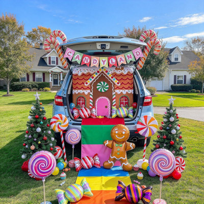 Fêtes et Noël, tronc ou gâterie, bonbon, pain d'épice, toile de fond, arc-en-ciel, allée, ballons, homme pain d'épice, bannière
