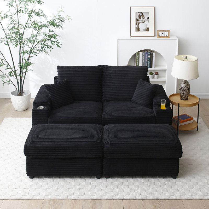 Causeuse avec repose-pieds, canapé modulaire en tissu Corduroy, Noir, noir, noir, noir