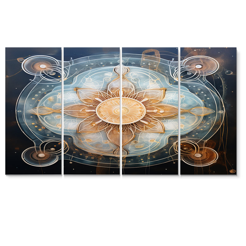 «Mystical Blue Flower - Boho Mandala», ensemble d'art mural 4 pièces, H 32 po x l 64 po