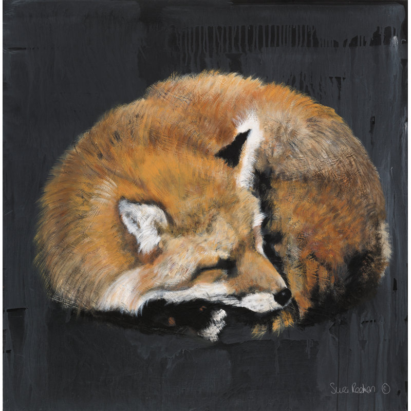 «Sleeping Fox No. 7» par Suzi Redman - reproduction, H 30 po x l 30 po, Blanc, Papier avec cadre photo noyer