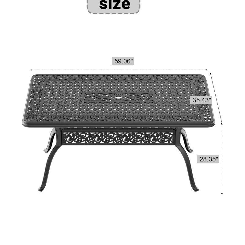 Table de patio en fonte d'aluminium, 6, rectangulaire, finition noire, trou de parasol, résistant aux intempéries, cadre avec option 6 pour économiser de l'espace, compatible,