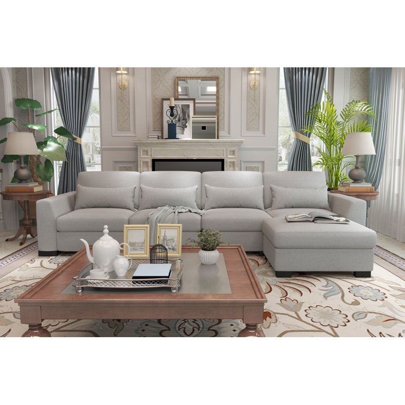 Canapé modulaire en L de 130 po avec repose-pieds avec rangement, Mélange de lin gris