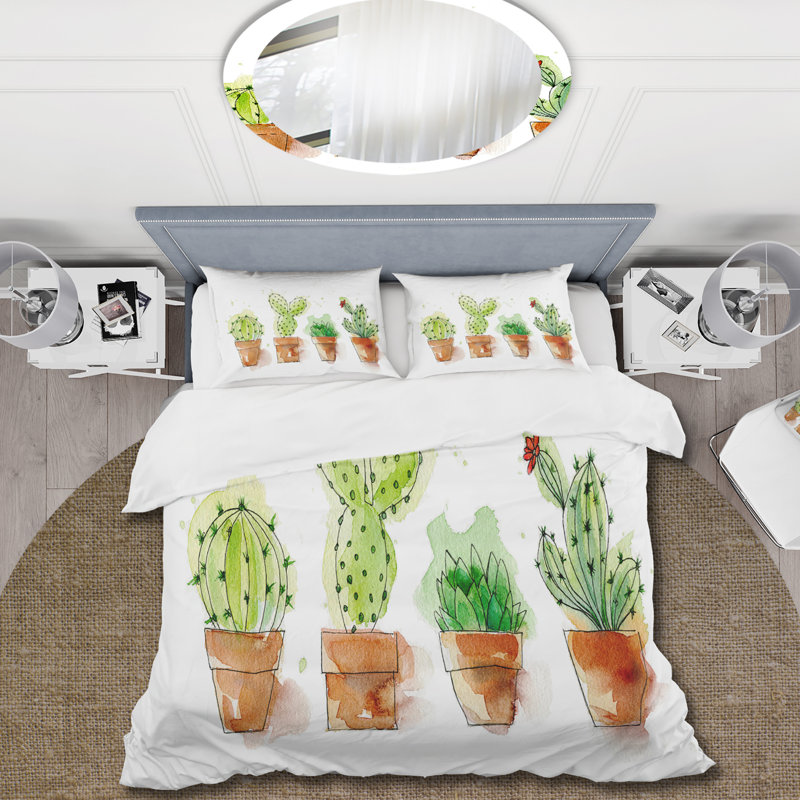 Cactus dans des pots en céramique aux tons doux I - Ensemble de housse de couette traditionnel - Microfibre de polyester