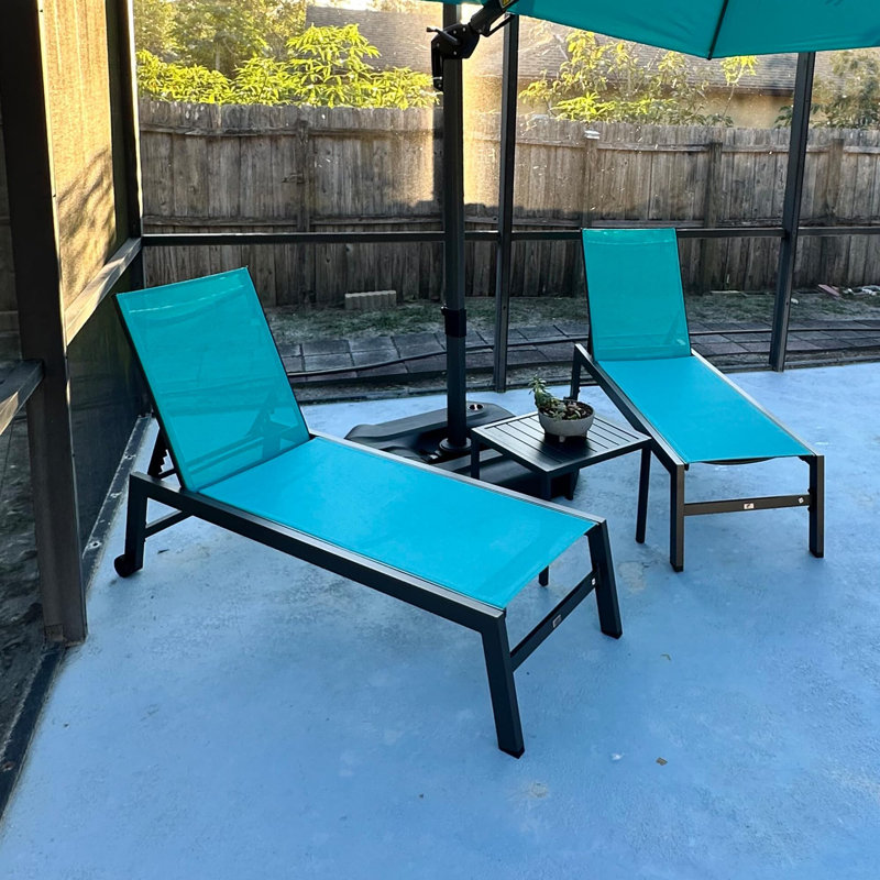 Willbourn Outdoor Rust-Resistant Metal Chaise Lounge with Table, Blue