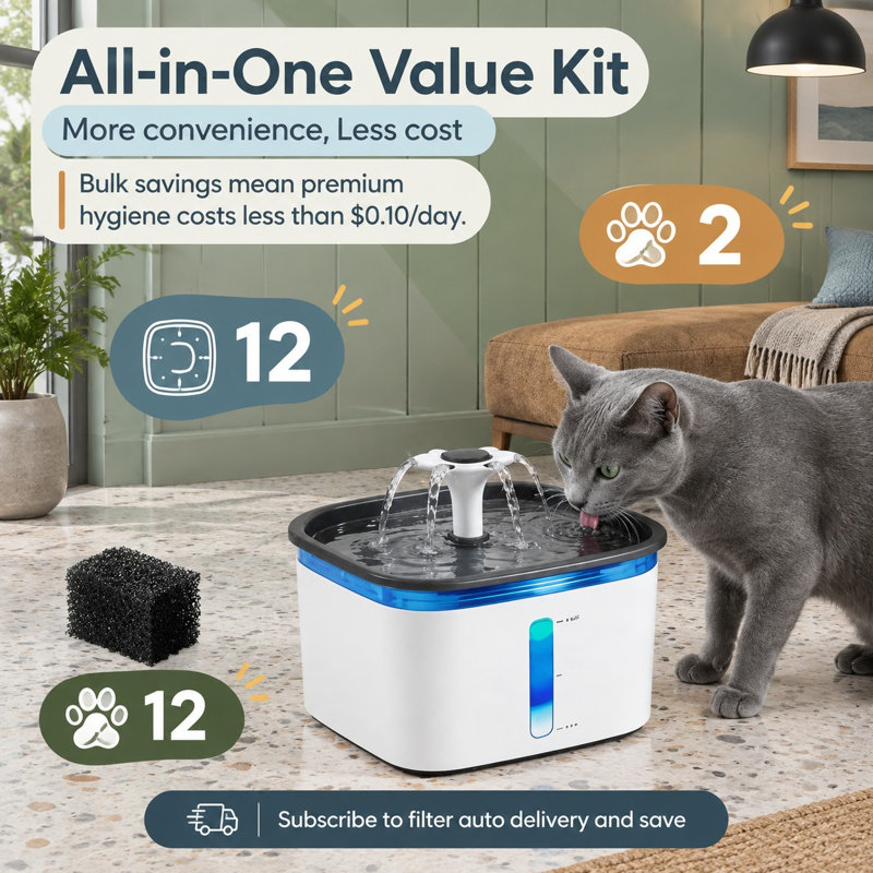 Ensemble de remplacement de 24 pièces contenant 12 filtres et 12 éponges, compatible avec les distributeurs d'eau automatiques pour chats et chiens de 50 oz, 84 oz, 95 oz et 108 oz.