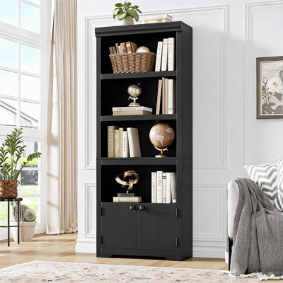 Bibliothèque de campagne 69 po, 5 niveaux avec 2 portes et 2 tablettes réglables, support de rangement pour bureau personnel, salon, noir