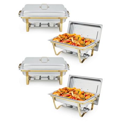 4-Pack 8QT Stainless Steel Buffet Server – Dual Temp Control, Foldable Frame, Gold Finish for Parties & Catering