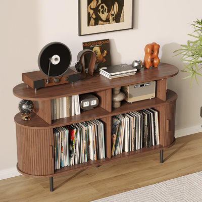 Support de table tournante Mid-Century avec portes coulissantes - Grande armoire de rangement en vinyle pour salon et chambre à coucher