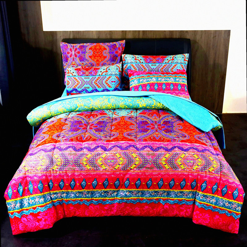Colourful Boho Chic Queen Comforter Set - 3 Piece Reversible Bedding Retro Print. Soft Microfiber, All Season Bed Set for Bohemian Style Bedroom.