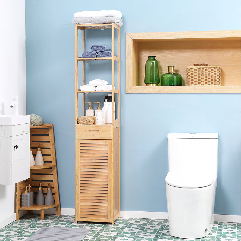 Tall Bathroom Cabinet With Drawer And Slatted Shelves, Slim Bamboo Linen Tower With Louvered Door