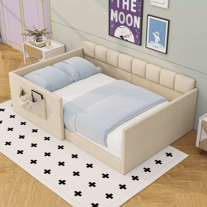 Velvet Daybed with Integrated Storage and Slats, Beige, Full / Double