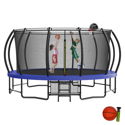 15 FT Pumpkin Trampoline for Kids with Basketball Hoop,Ladder,Balance Bar,Storage Bag