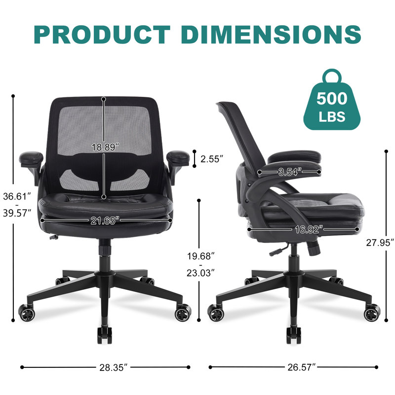 Mid-Back Mesh & Faux Leather Office Chair, Ergonomic Swivel Task Chair with Adjustable Height, Padded Armrests and Lumbar Support for Home Office