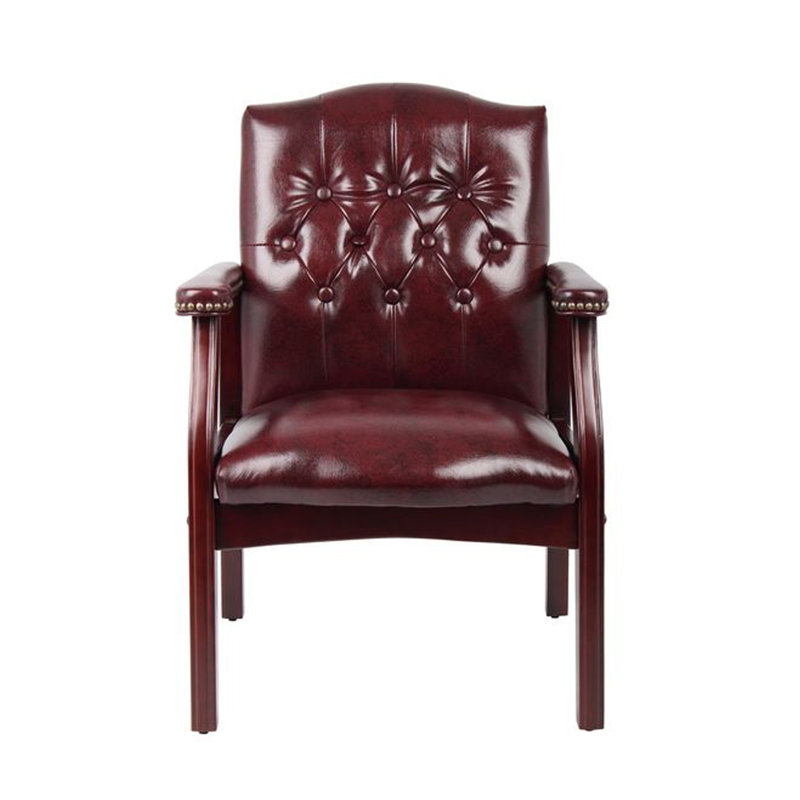 Fauteuil d'invité de réception classique Koe, vinyle capitonné bourgogne, pieds en bois, Bourgogne