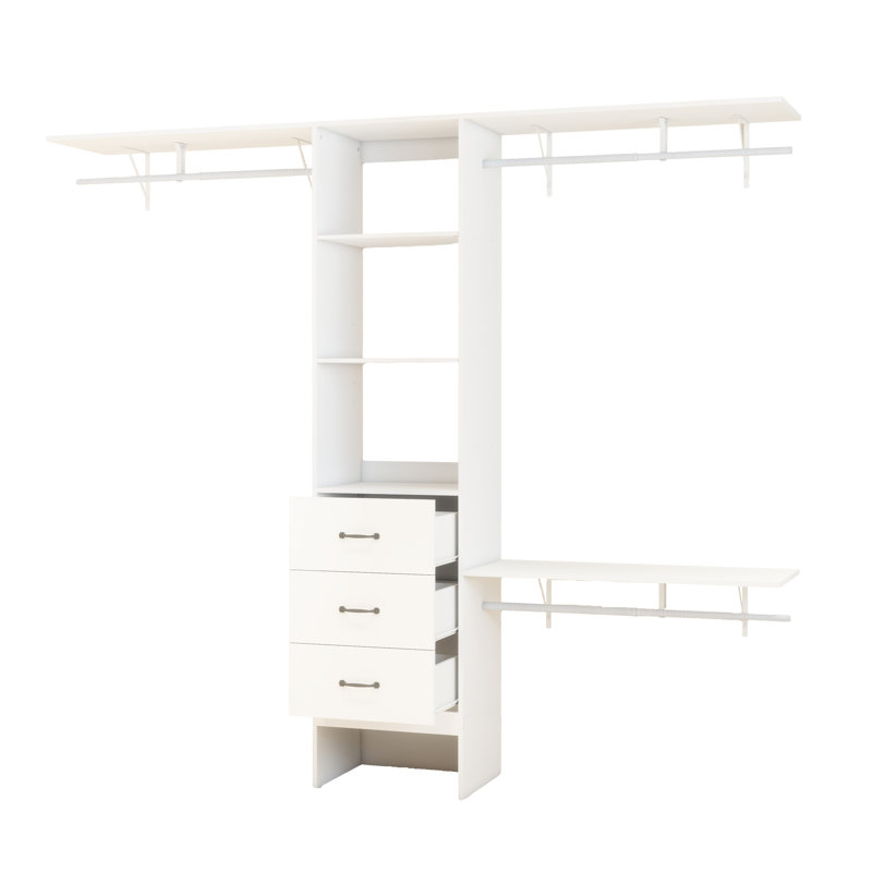 Système de placard de 96,06 po, organisateur de garde-robe, 3 tablettes réglables et 3 cintres extensibles et 3 tiroirs, cintres intégrés, charge 1000 lb, blanc