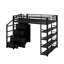 Lit mezzanine en métal avec tablettes de rangement, armoires et garde-robe
