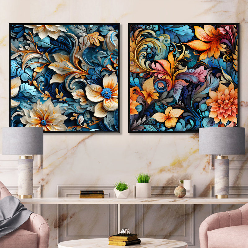 Griffith - Abstract Botanicals Square Collage Set Of 2, Black Floater Framed, 16" H x 33" W