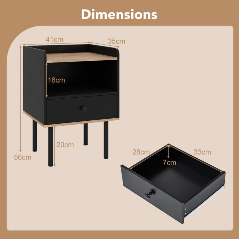 41cm W Metal Bedside Table, Black