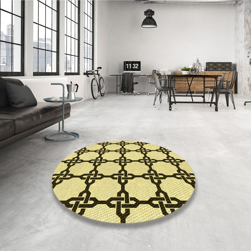 Tapis jaune en laine géométrique, Rond 8 pi