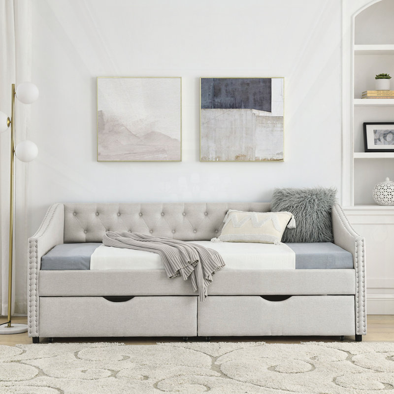 UpholsteredTwin Size Daybed with Drawers, Beige, Twin
