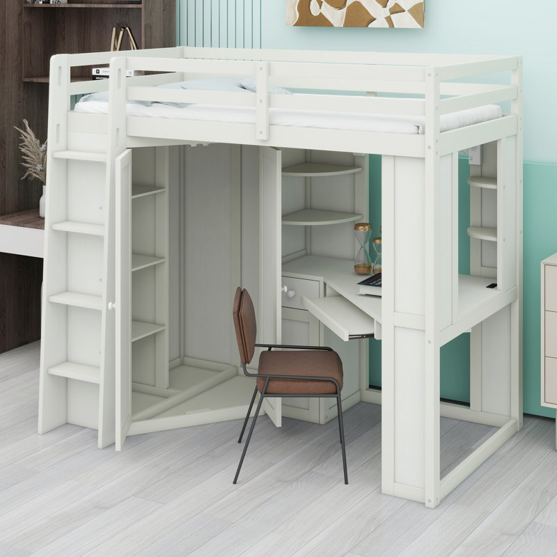 Lit mezzanine avec garde-robe intégré et bureau d'étude, lit haut peu encombrant avec plateau à clavier, station de charge et double projecteur