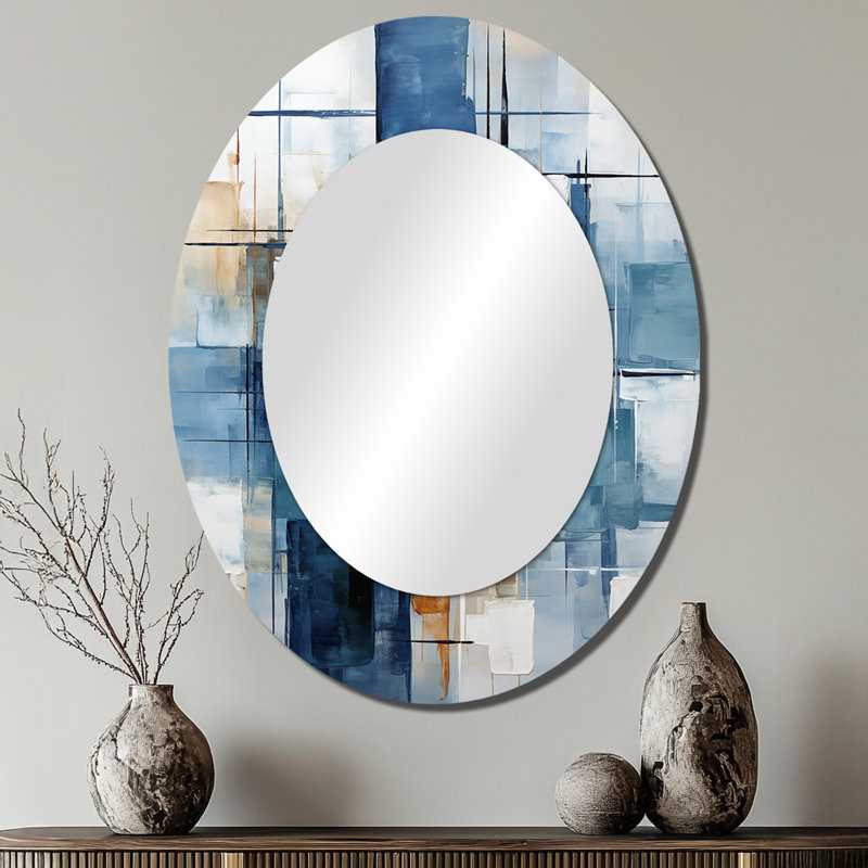 Cerulean Cubism Shapes - Miroir mural ovale moderne, 40 po x 30 po