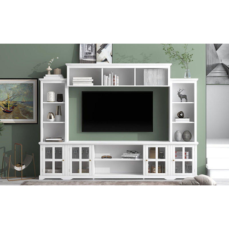 Console blanche avec pont et tablettes de rangement, s'adapte aux téléviseurs de 70 po et offre des options de divertissement généreuses et modernes pour le verre trempé