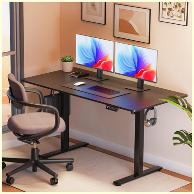 Structure de bureau électrique noire à deux moteurs avec pieds renforcés et épais | Hauteur et longueur réglables, capacité de charge de 350 lb avec 3 préréglages de mémoire