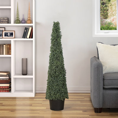 4' Artificial Two-Tone Boxwood Pyramid Topiary Tree with Round Pot Unlit