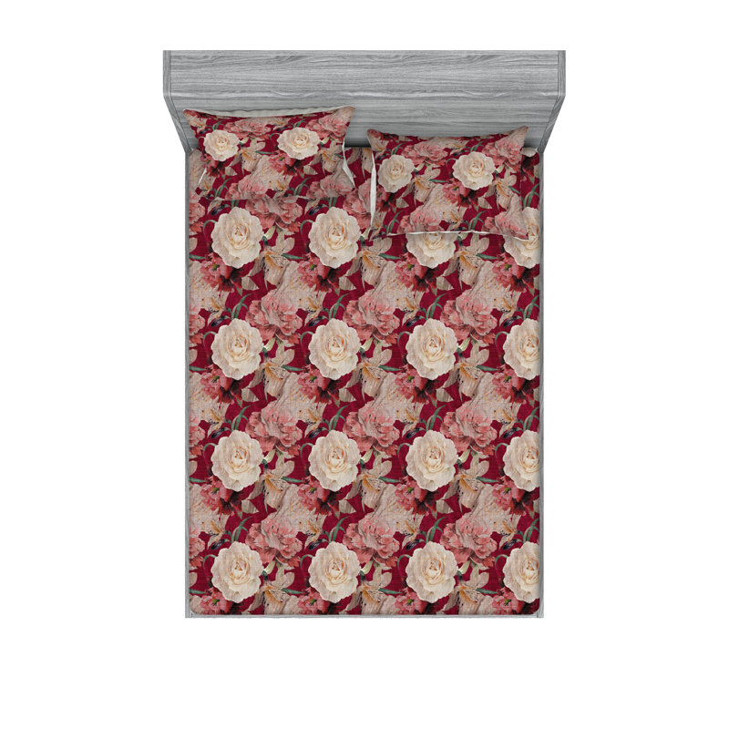 Ambesonne Fitted Sheet & Shams, King Sheet Set with 2 Pillowcases, Eggshell/Rose Flower
