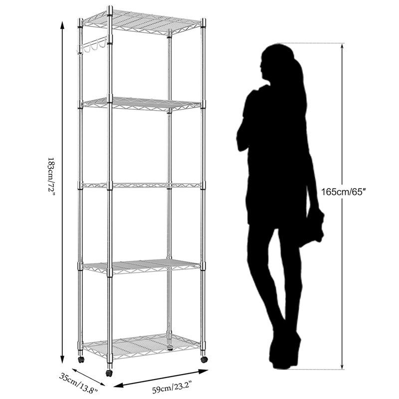Manry 72" H x 23.2" W x 13.78" D 5-Tier Chrome Shelving Unit with Wheels, Side Hooks