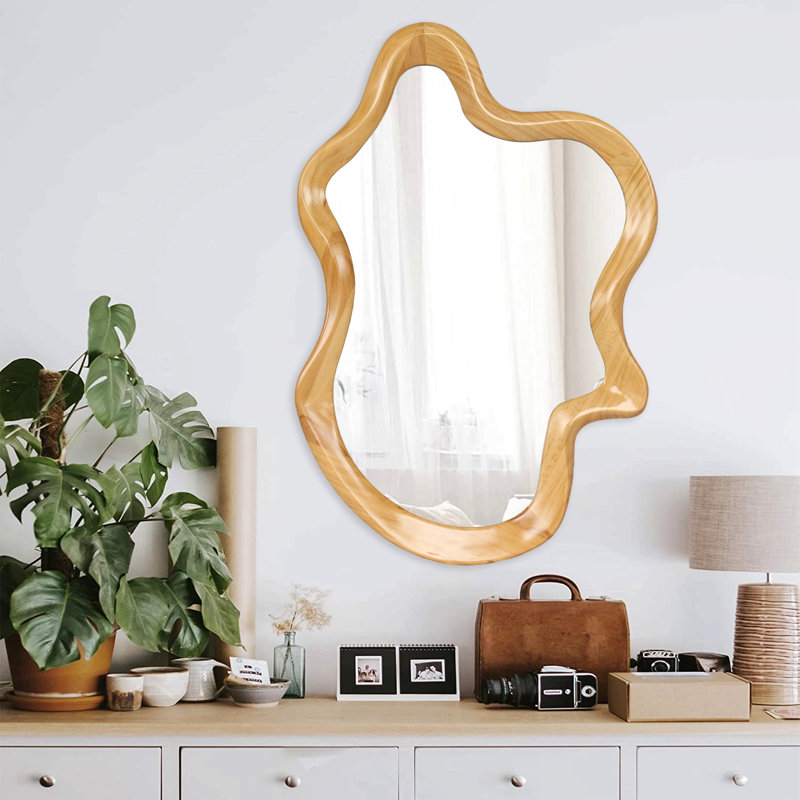 33.46" X 22.24" Irregular Shaped Wall Mirror With Natural Wood Frame