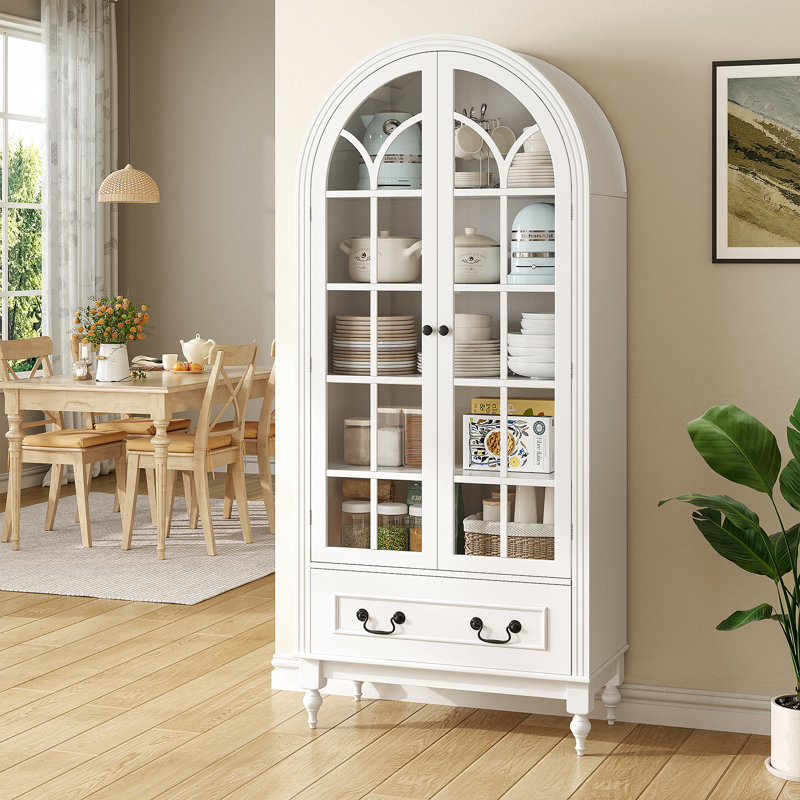 Vitrine cintrée de 170 cm avec portes vitrées, vaisselier de style campagnard avec étagères ajustables et tiroir