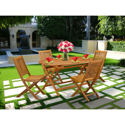 5 Piece Patio Garden Table Set Includes an Oval Outdoor Acacia Wood Dining Table and 4 Folding Side Chairs, 36x60 Inch, Natural Oil