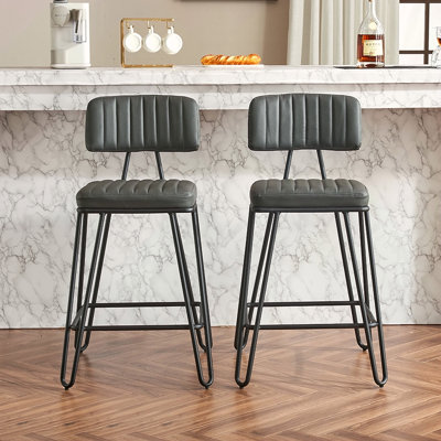 Ensemble de 2 tabourets de bar industriels, chaises à hauteur de comptoir avec revêtement en cuir polyuréthane et structure en métal, chaises de bar rétro avec dossier et repose-pieds pour îlot de cuisine, salle à manger, bar personnel