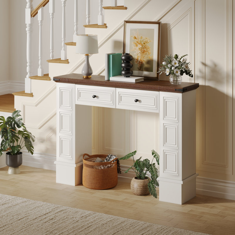 47.2"W Farmhouse Console Table, Narrow Entryway Table With 2 Storage Drawers, White