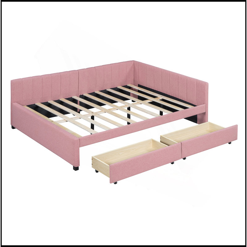 Full Size Upholstered Daybed With 2 Storage Drawers Sofa Bed Frame No Box Spring Needed, Linen Fabric, Pink